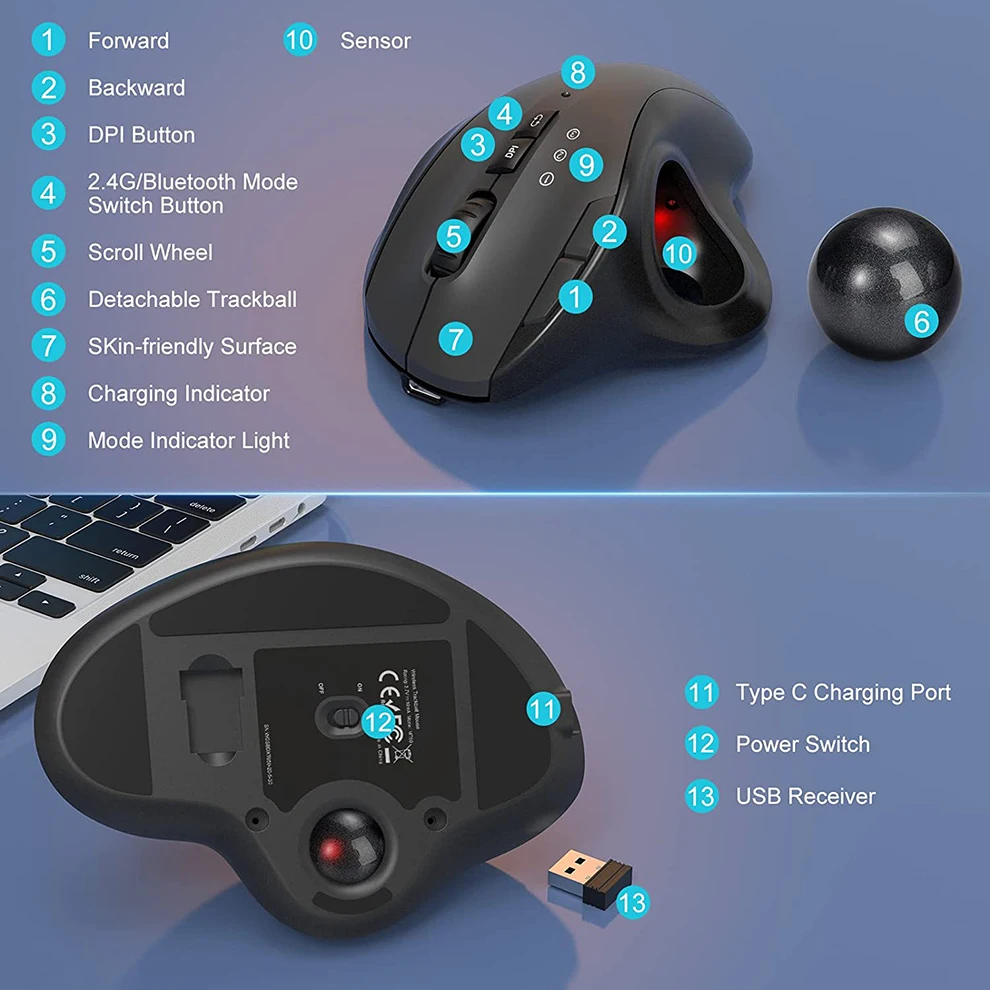 seenda bluetooth sem fio ergonômico mouse trackball rgb recarregável rollerball mouse com dpi ajustável
