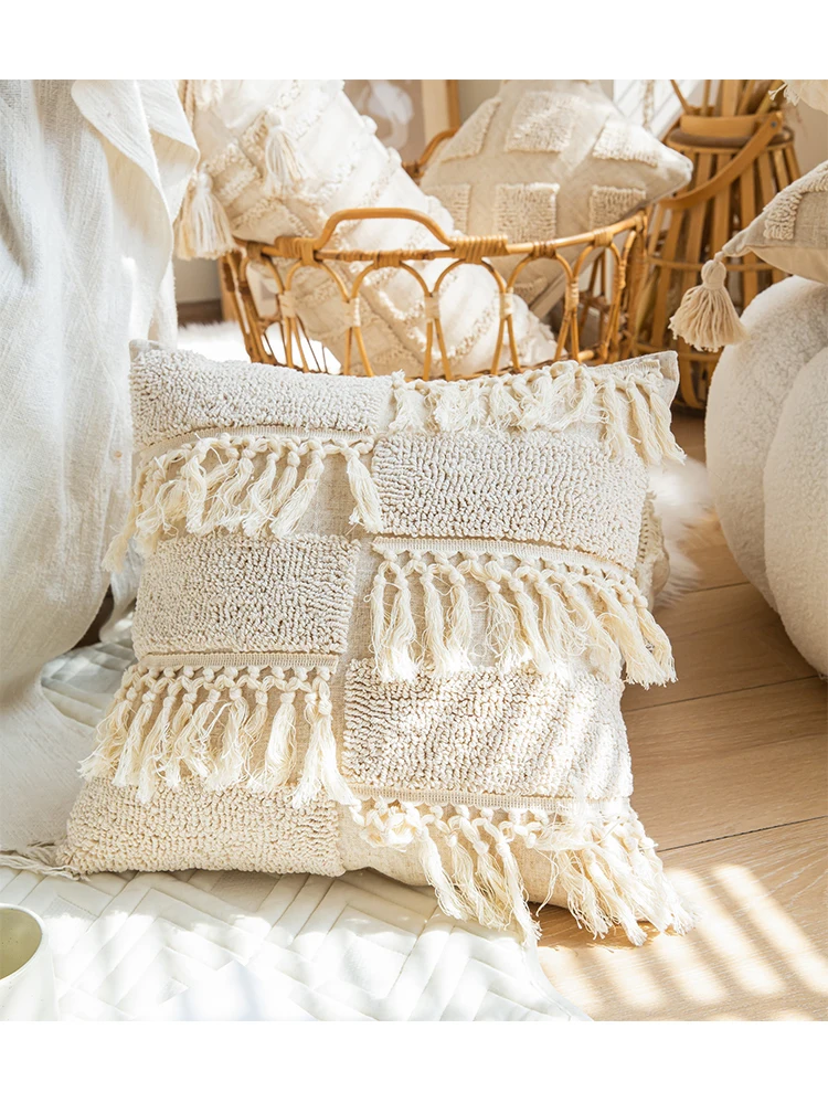 Getuftete Kissen bezug Boho Kissen Überwurf Quasten für die Heim dekoration Wohnzimmer Schlafzimmer Sofa Couch Quadrat rund 45x45cm – Detail 6