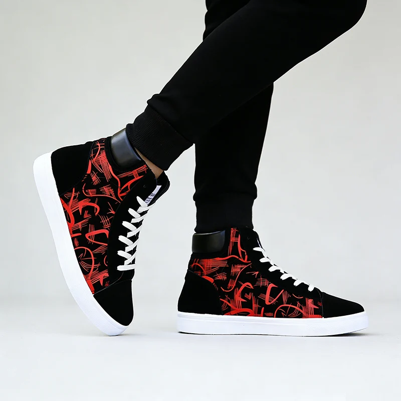 Street Style Fashion Sneakers Mens Casual Shoes Flat Breathable High top Black Red Brand Male Footwear 5