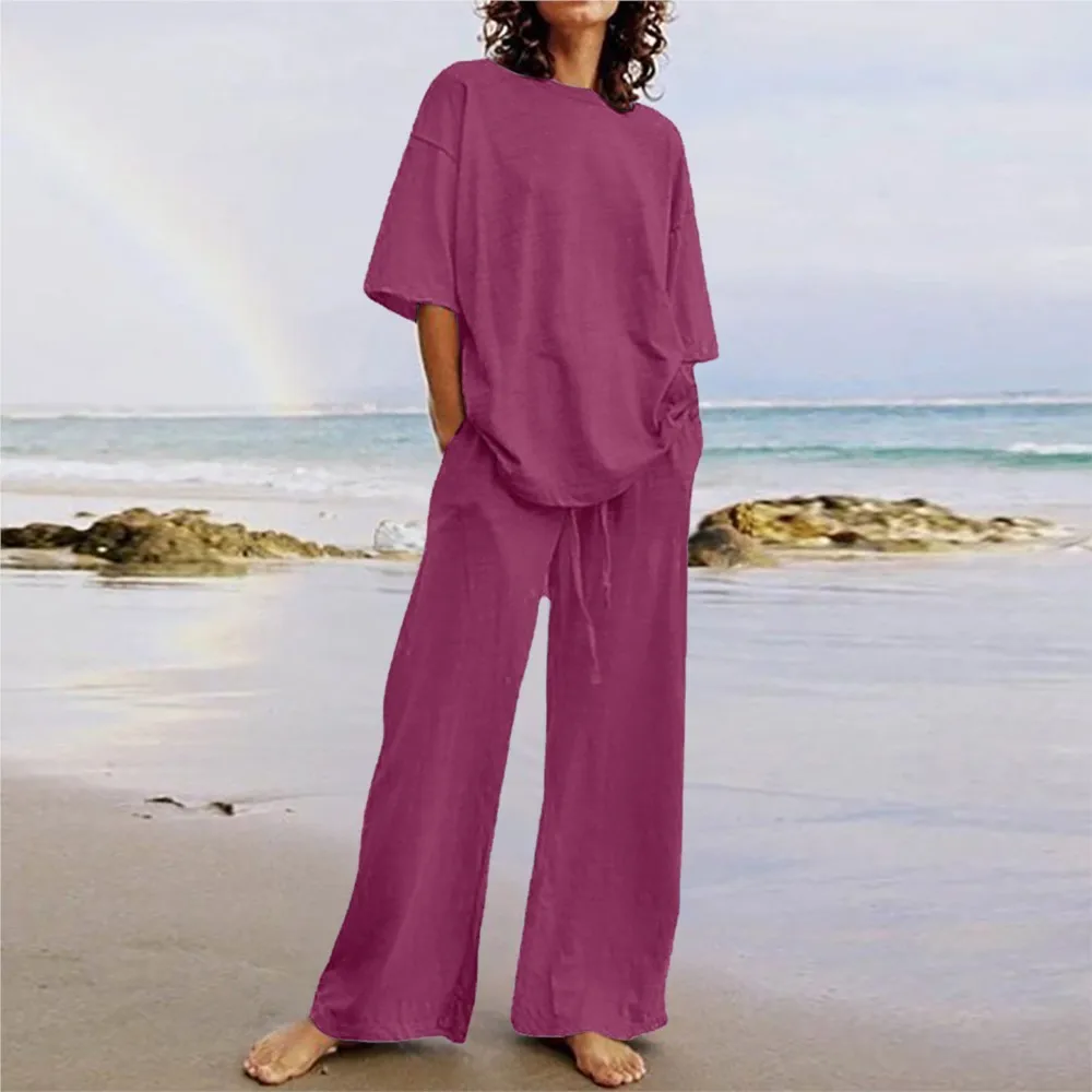 Summer Loose Vintage Solid Half Sleeve Tshirt Drawstring Wide Leg Pant Sets 2 Pieces Suit Y2k Women Outfits New In Matching Sets