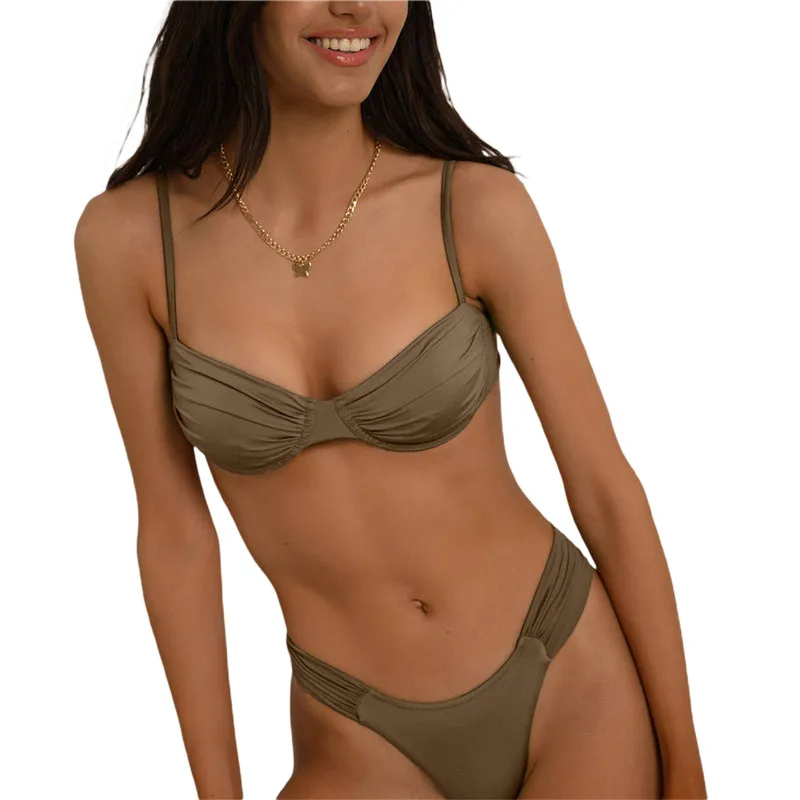 Women Padded Bikini Set Solid Color Pleated Sleeveless Bra+ Shorts Briefs Bikini For Women