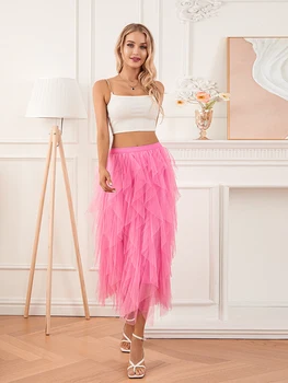 Women Long Skirt Elegant High Waist Irregular Solid Tulle Skirt Summer Skirt for Party 3