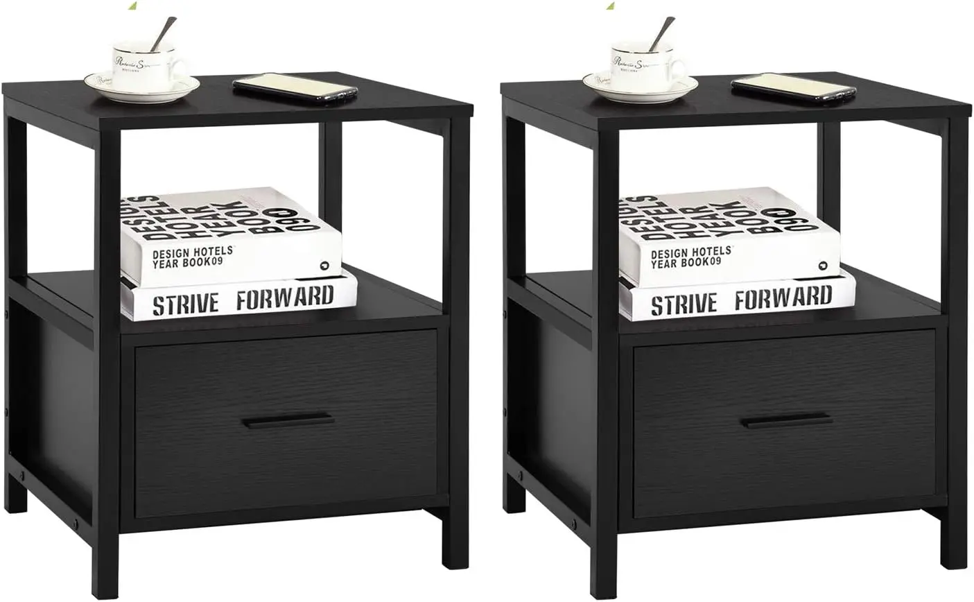 

VECELO Nightstand Set of 2 with Drawer Modern Square End Side Table for Storage Open Shelf in Bedroom, Living Room