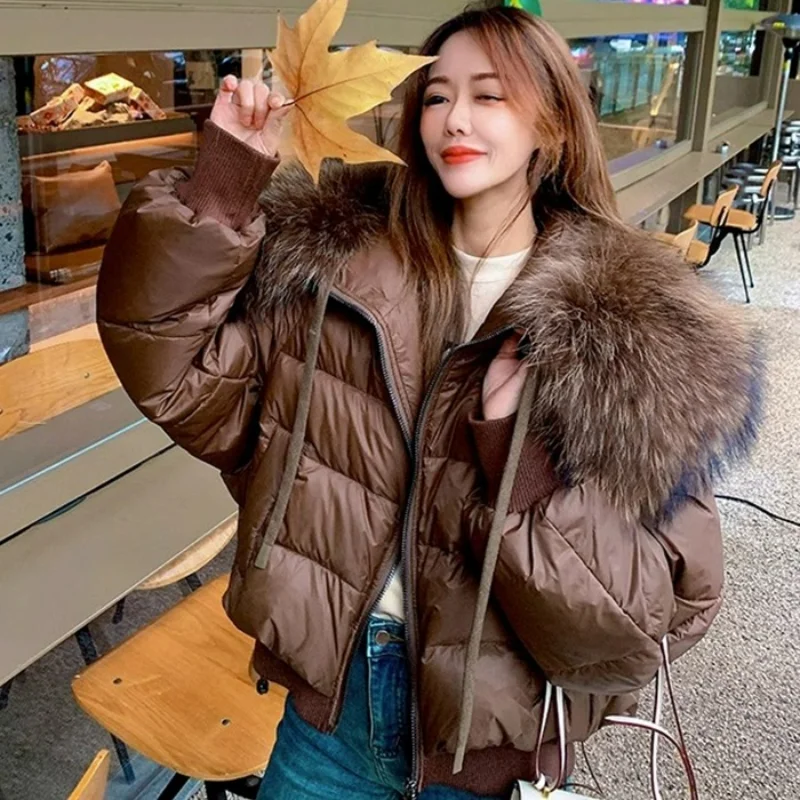 Women Thickened Short Coats Winter Oversized Raccoon Fur Collar White Duck Down Jackets Hooded 2023 Loose Street Trendy Clothing