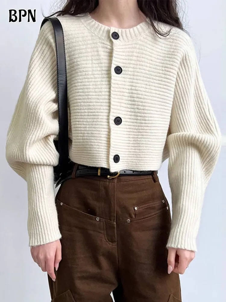

BPN Casual Knitting Cardigan For Women Round Neck Long Sleeve Splcied Single Breasted Solid Minimalist Sweater Female Clothing