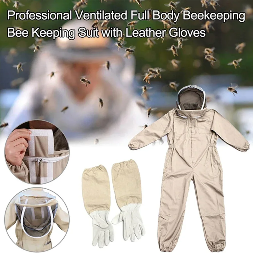 Beekeeping equipment, thickened apricot colored space suit, one-piece split bee suit, white space suit with sheepskin gloves set