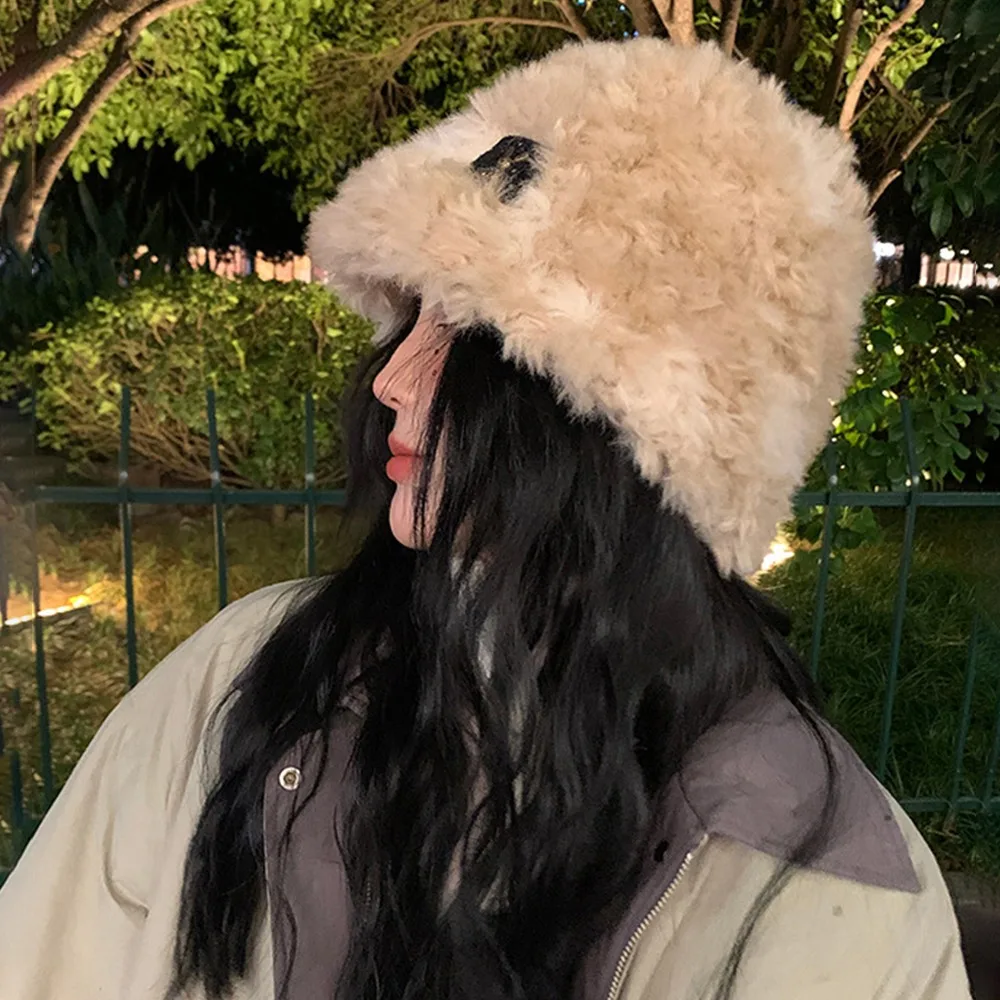 

Solid Color Plush Bucket Cap Windproof Travel Windproof Warm Panama Hat Foldable Thickened Fisherman Cap Women