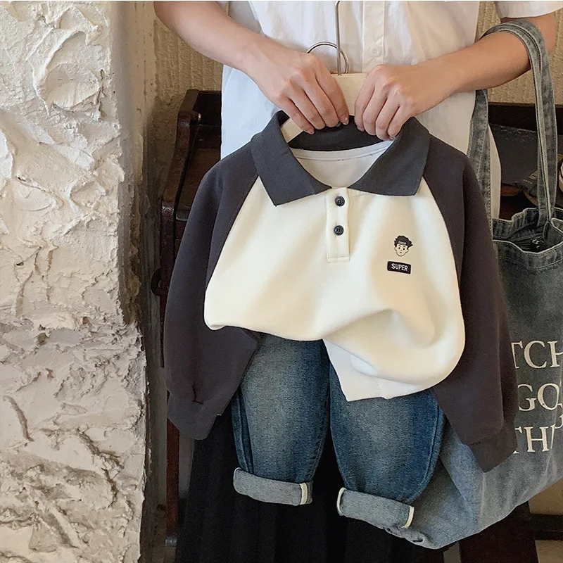 

Korean Autumn Children Boy Polo Shirt Turn Down Collar Cartoon Letter Baby Boy Tops Casual Spliced Long Sleeve Kid Boy Pullovers