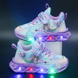 Children's Sports Shoes with Lights Cute Cartoon Mermaid Girls Sneakers Led Luminous Light Running Shoes Leather Toddler Shoes