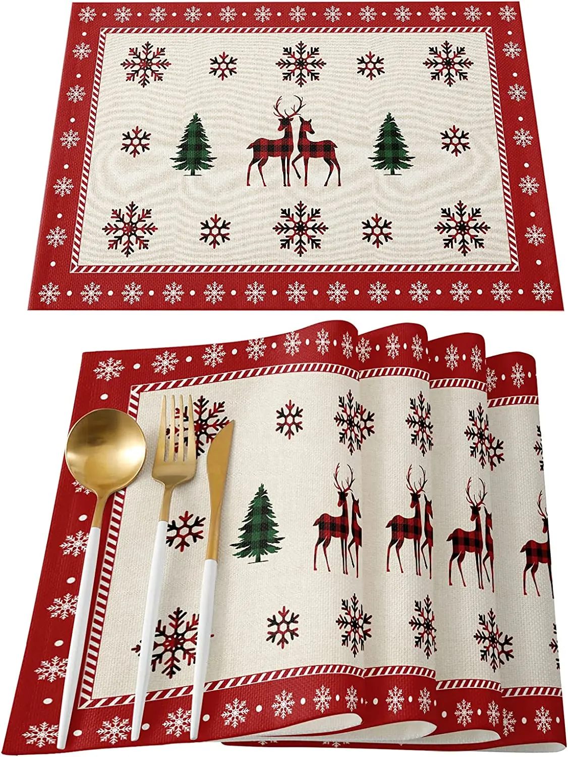 

Christmas Placemats Set of 4 Reindeer Xmas Tree for Dining Table Snowflake Merry Christmas Polyester Table Mat