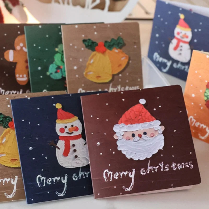 6pcs/packChristmas Greeting Card Cute Oil Painting Santa Claus Christmas Tree Snowman Gingerbread Man Card Invitation Card Holid