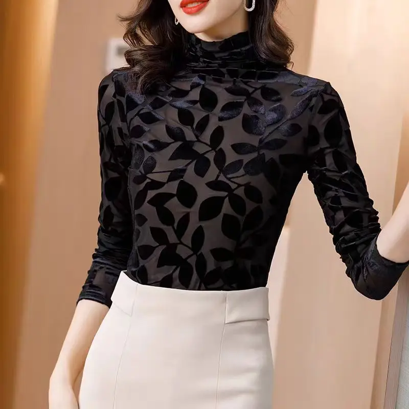 High Collar T Shirt - Korean Fashion Floral Mesh Long Sleeve Tees For Women