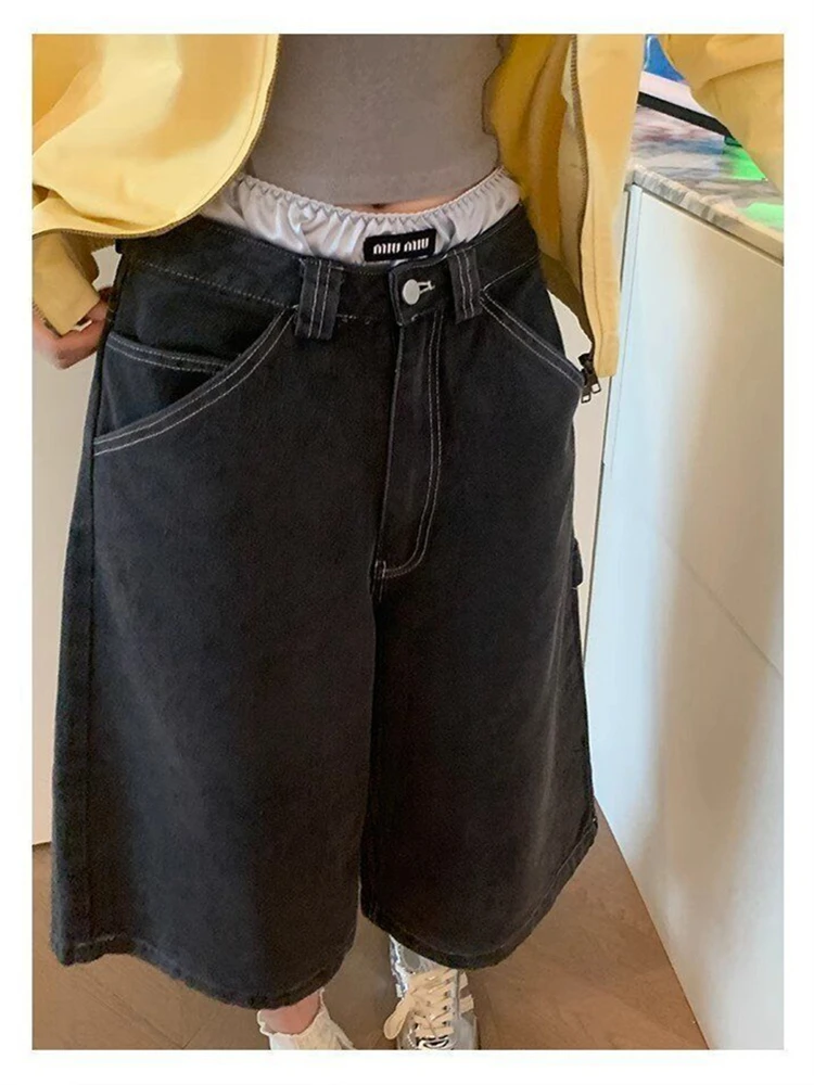 

Women's Wide Leg Loose Cropped Jeans Summer Street Unisex Half Trousers Young Girl Casual Bottom Female Calf-length Thin Pants