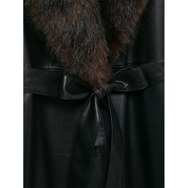 Winter Women Fashion With Faux Fur Collar Coat Woman Chic Faux Leather Jacket Long Sleeve Belt Casual New Outerwear ﻿ ﻿
