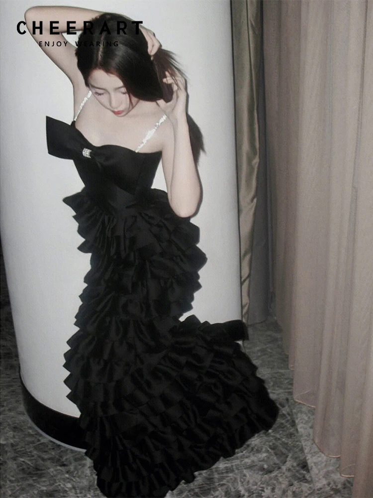 

Длинное летнее платье-мини CHEERART, элегантное роскошное черное бальное платье знаменитости, платье-корсет с большим бантом и оборками, 2023