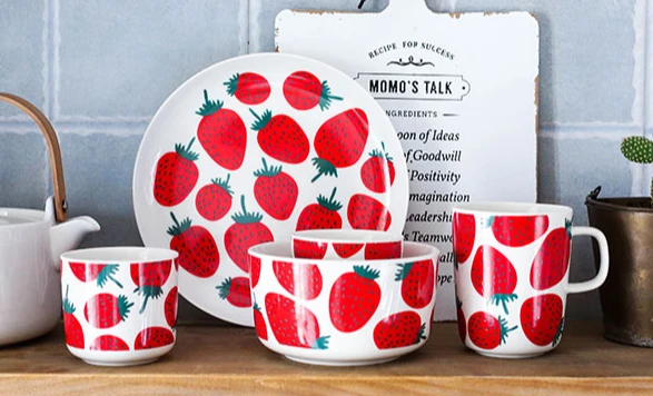 Nordic fresh strawberry series bone china tableware, breakfast plate, bowl, mug, hand cup, water cup