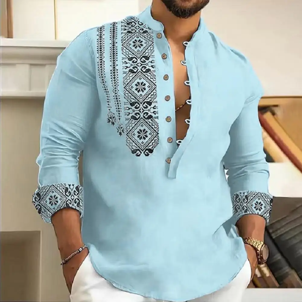 

Long Sleeve Men Shirt Vintage Print Men's Slim Fit Stand Collar Shirt Classic Ethnic Style for Casual Office Wear Soft