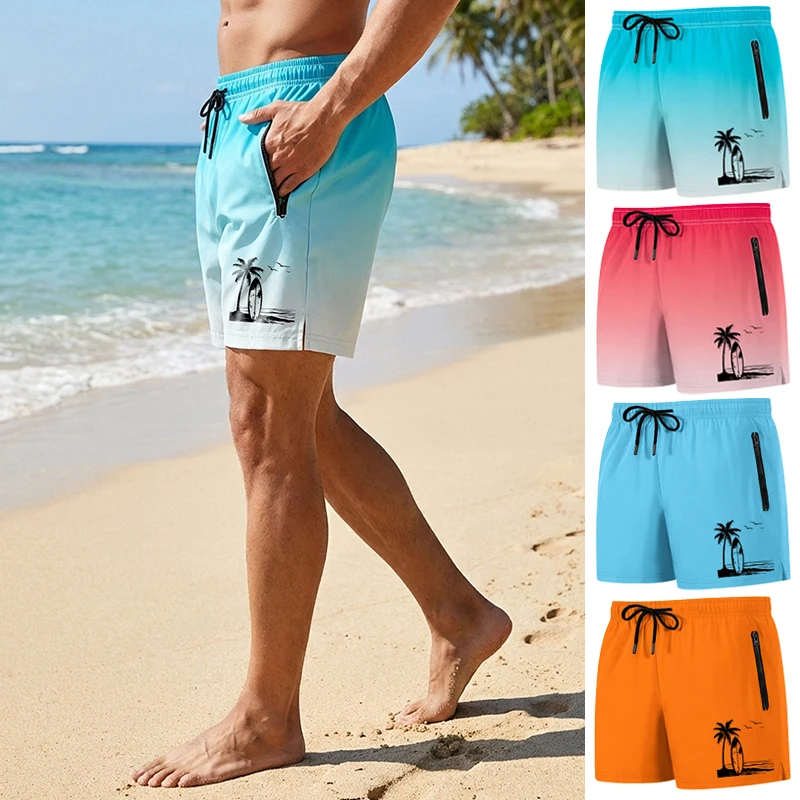 Tropical Surfboard Print Men's Beach Shorts with Mesh Liner and Zipper Pockets