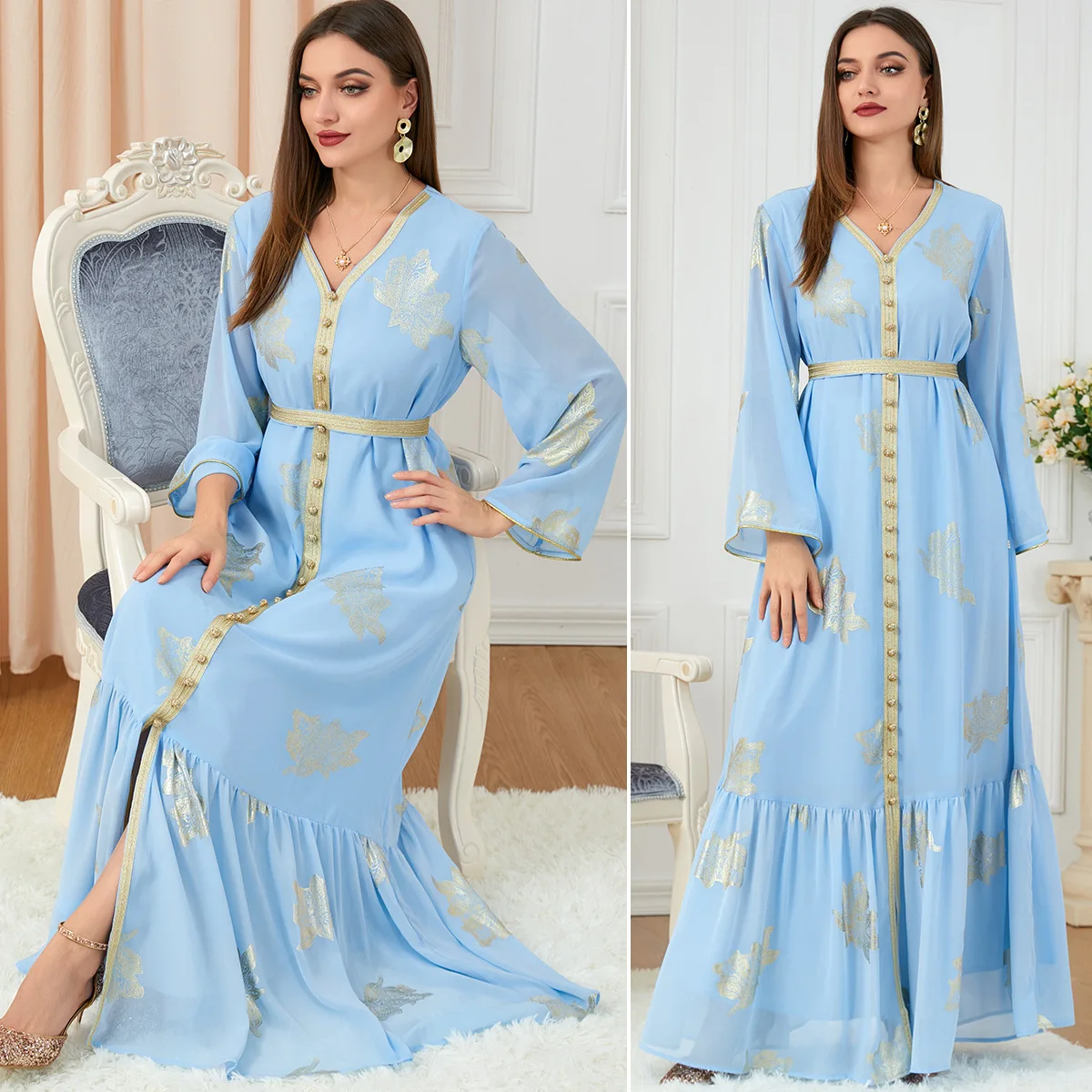 Party Dresses For Women Dubai 2023 Printed Long Sleeve V-Neck Button Muslim Dress Trim Belted Kaftan Split Hem Clothes For Women