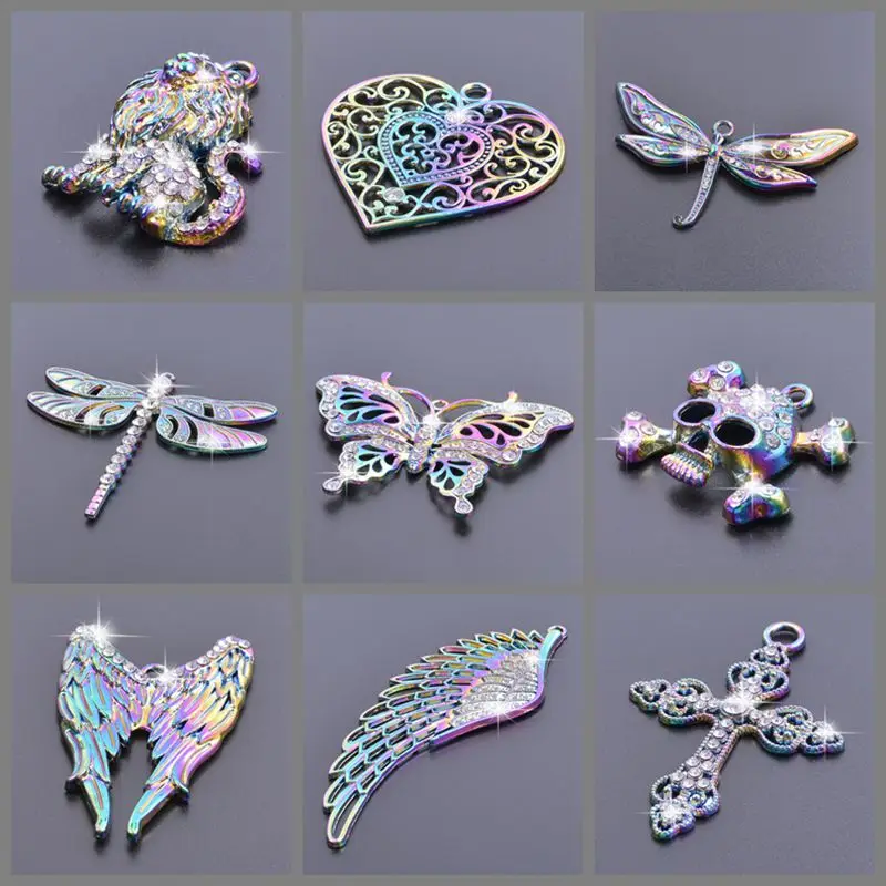 

Large Butterfly With Rhinestone Insect Wings Rainbow Charm for Jewelry Making Vintage Necklace Alloy Pendant Keychain Accessory