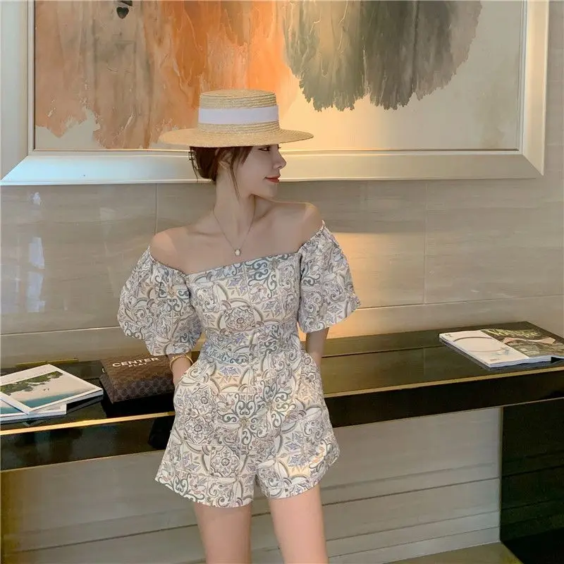 

Женский комбинезон с широкими штанинами, облегающие шорты с завышенной талией в Корейском стиле для отпуска, одежда на лето