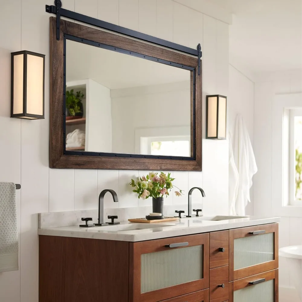 48"x30" Rustic Bathroom Mirror, Wood Frame Wall Mirror, Wooden Mirror for Living Room Bedroom Entryway Wall D&eacute;cor