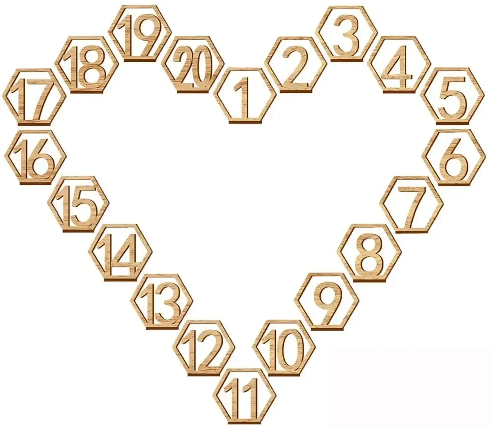 1-20 Number Wooden Table Numbers 20Pcs Hexagon Shape with Holder Base for Wedding Party Events Catering Decor Supplies