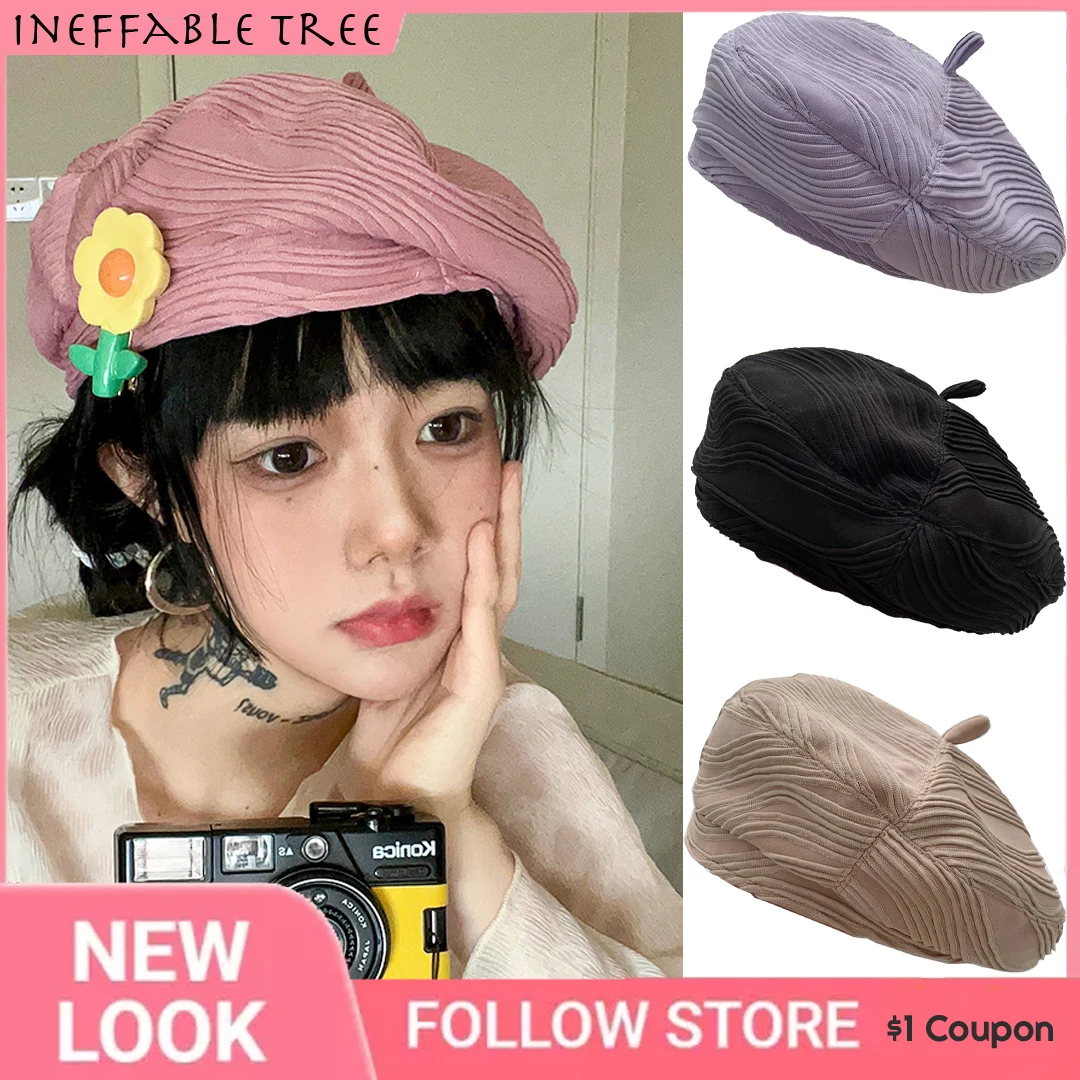 

Y2K Pink Women Spring Autumn Mushroom Berets Solid Big Folds Artist Cap Candy Color Textured Lines Cotton Painter Beanie Hat