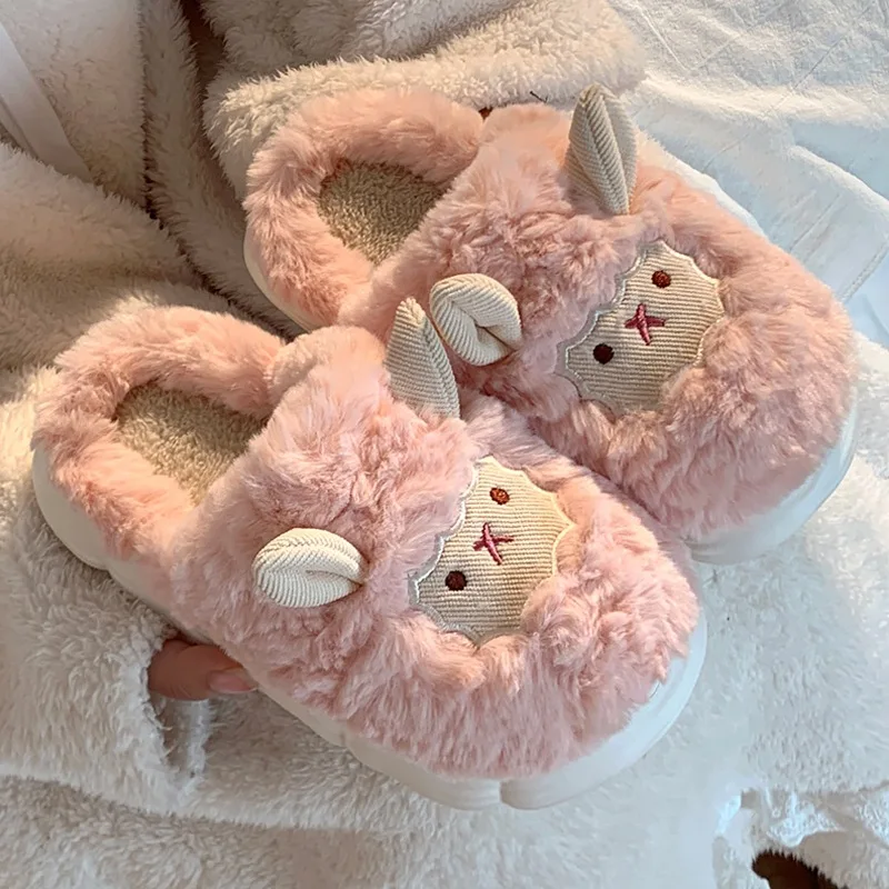 Winter Cartoon Sheep Plush Slippers For Women Men Warm Soft Fluffy Fur Slides Adults Cute Indoor Home Sandal Couple Cotton Shoes 6