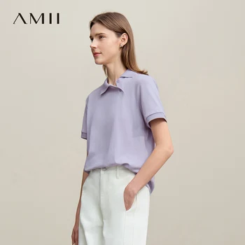 Polo da donna Amii 2026 estiva con abbottonatura asimmetrica, manica corta, colletto a risvolto, T-shirt casual da donna per layering 12622015