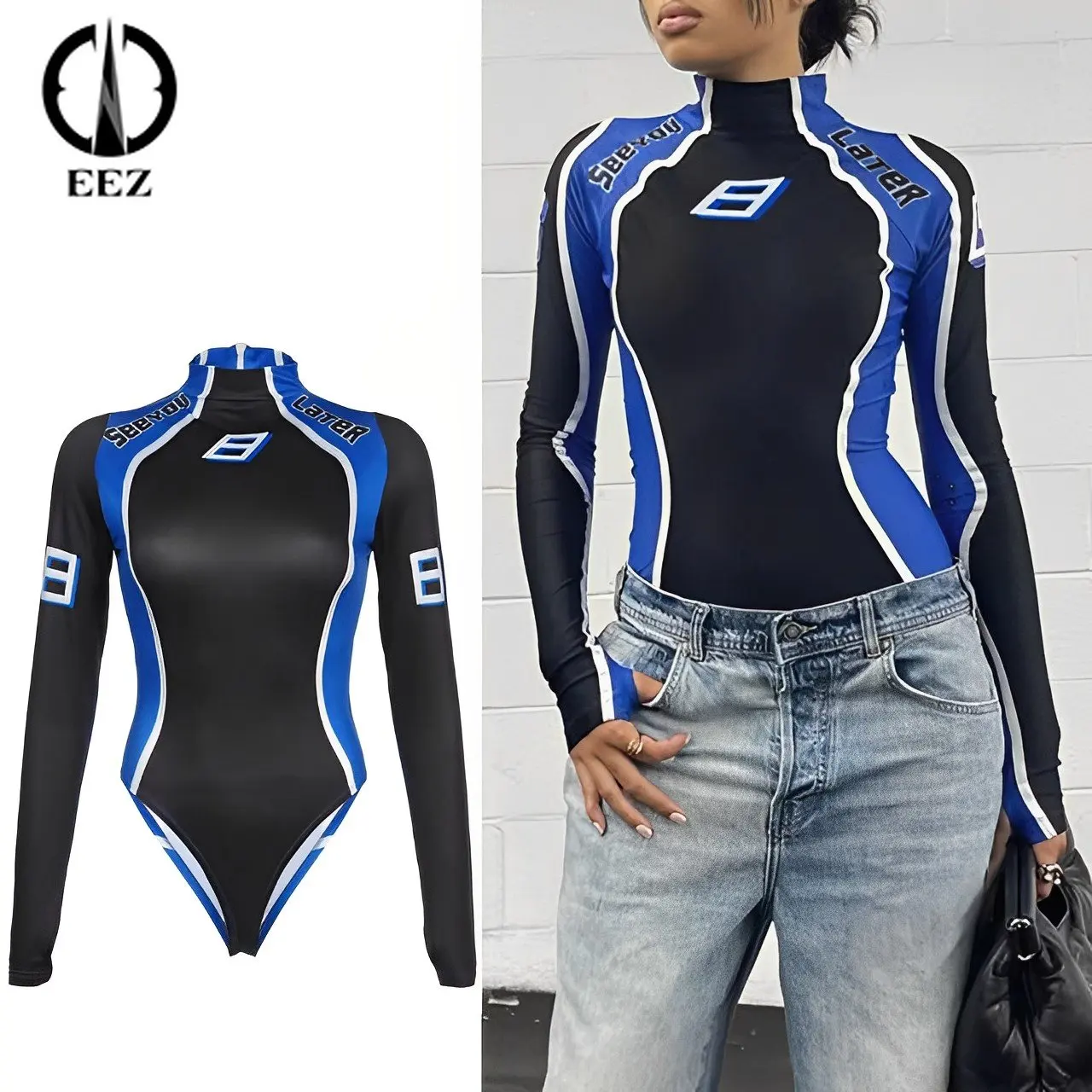 

Women Long Sleeve Geometry Print Bodysuit Fashion Contrast-color Coquette Top Skinny Moto&Biker Style Patchwork Zipper Playsuits
