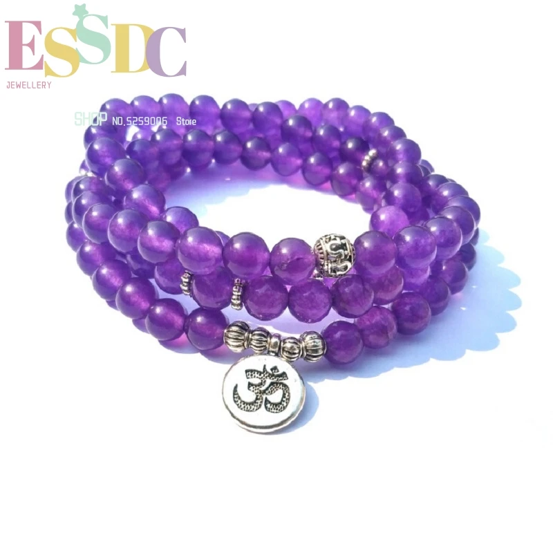 

New Products 8mm Natural Violet Crystal 108 Mala or Necklace with OM Pendant Snowflake Yoga Meditation Energy Bracelet