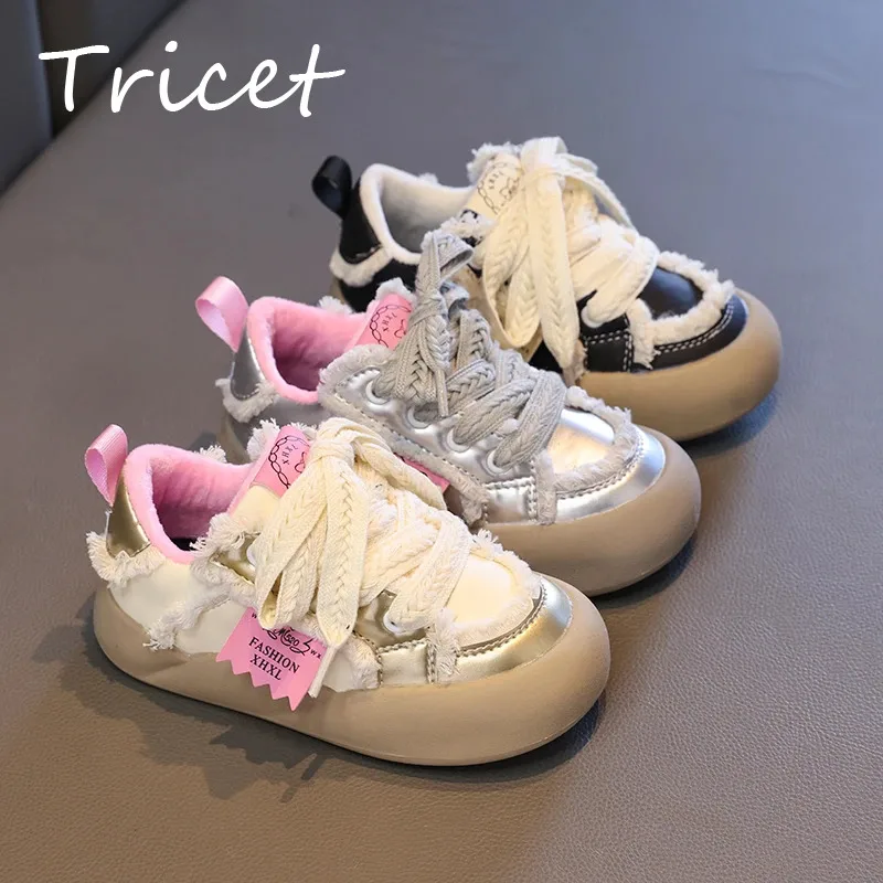 Design Tassel Girls Casual Shoes Winter PU Short Plush Warm Children Sneakers Fashion Lace Up Anti Slip Kids Sport Shoes