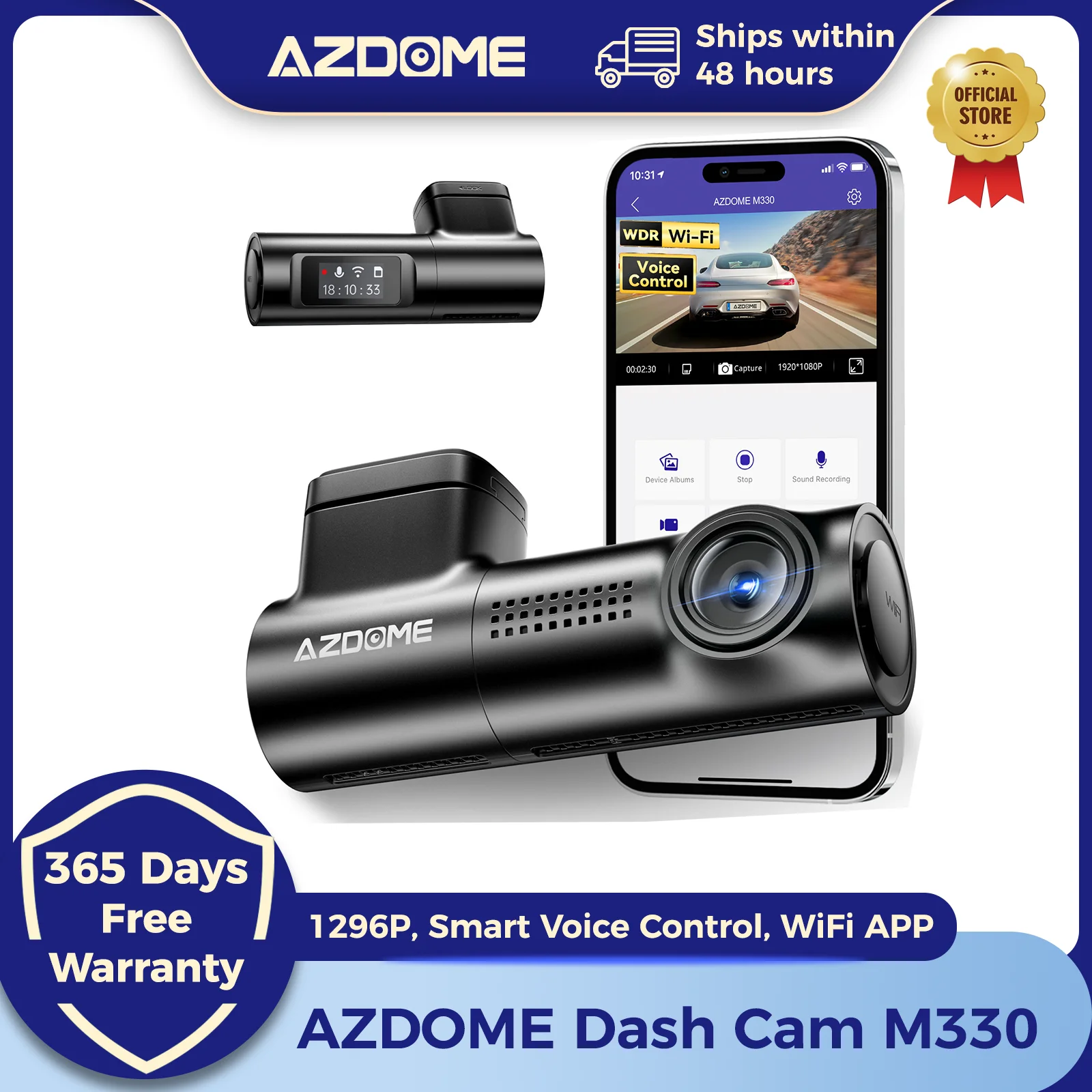 AZDOME M330 Mobil DVR 1296P kamera dasbor, kontrol suara cerdas