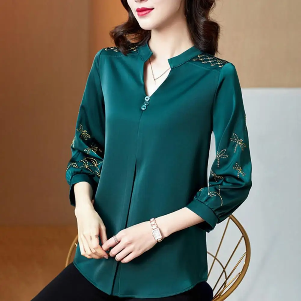 

Women Top Solid Color Satin Embroidery Blouse Elegant Retro Embroidery Patchwork V Neck Satin Top for Women Plus Size Commute