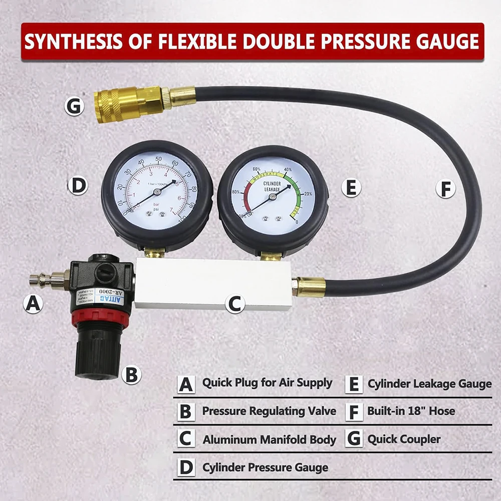 다기능 실린더 누출 테스터 자동 키트 가스 엔진 압축 테스터 듀얼 게이지 누출 감지기 도구 압력 검사