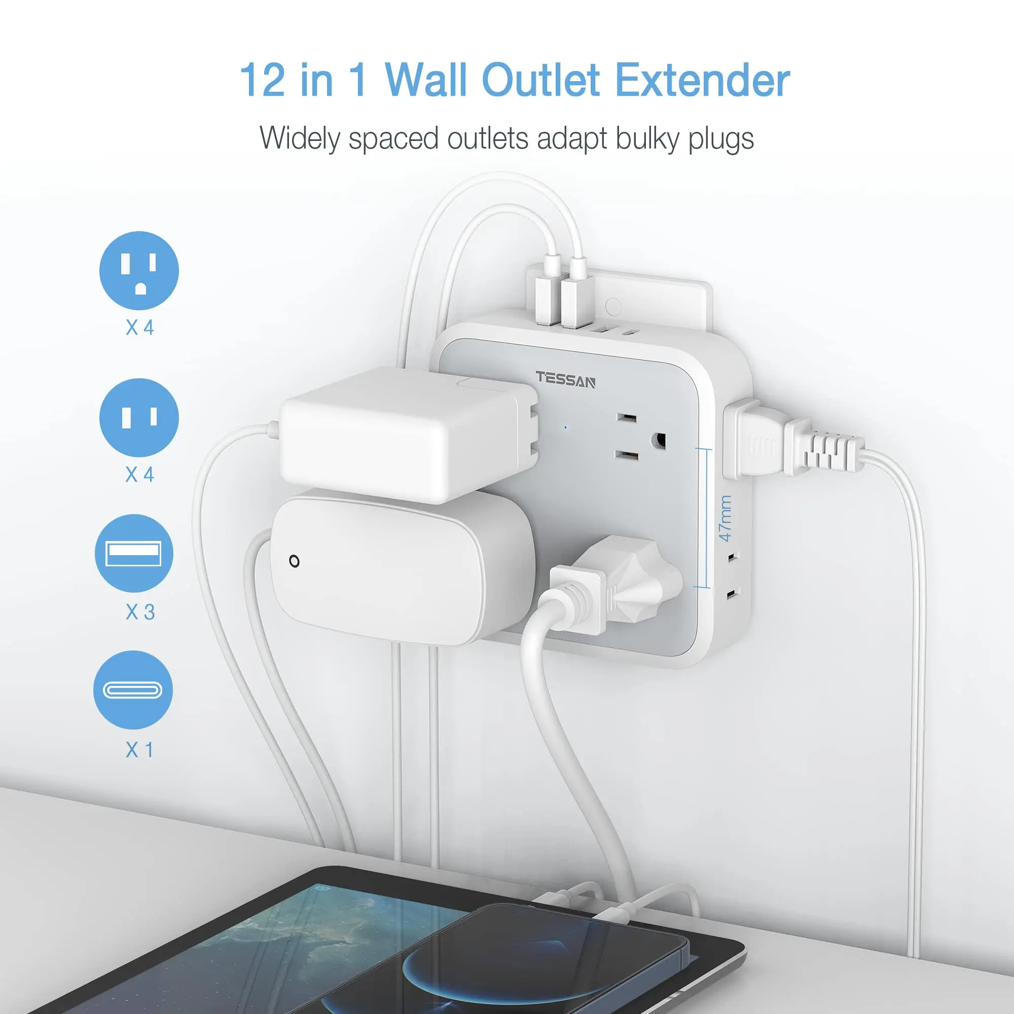 TESSAN-12  1  ܼƮ Ȯ, AC ܼƮ 8   USB 4  (USB C Ʈ 1 ) ,  ȣⰡִ  ÷  й