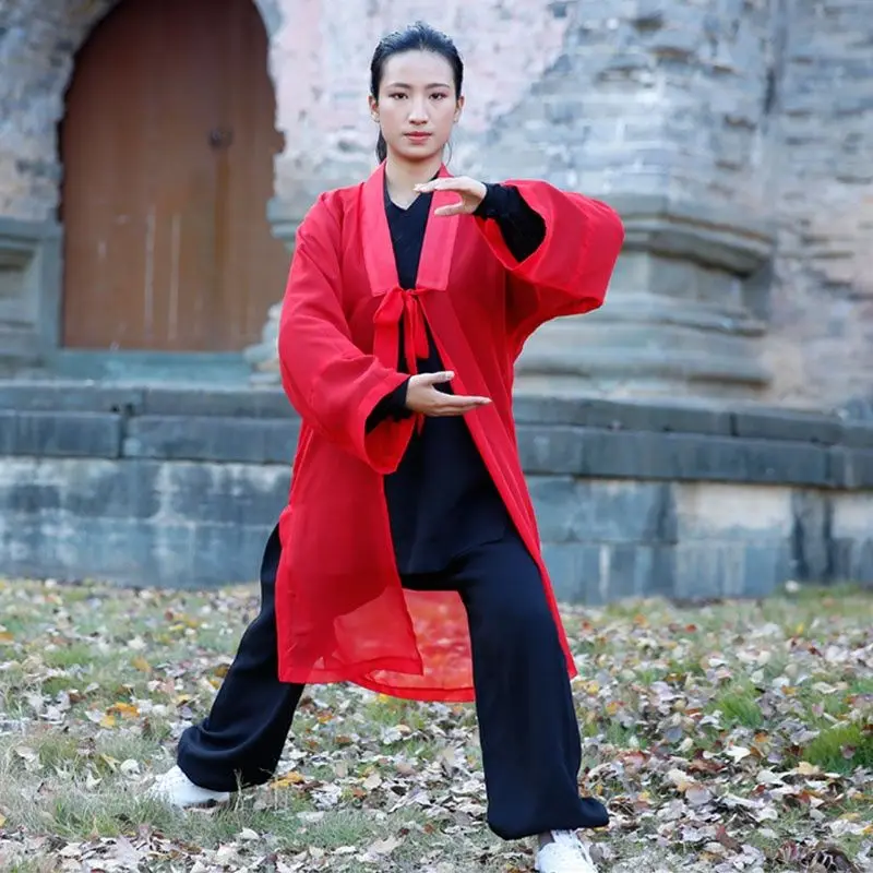 חליפת טאי צ'י חדשה מבד שיפון, חליפת טאי צ'י יחידה ללא שרוולים, מעיל טאי צ'י ארוך בסגנון לגברים ונשים להופעות