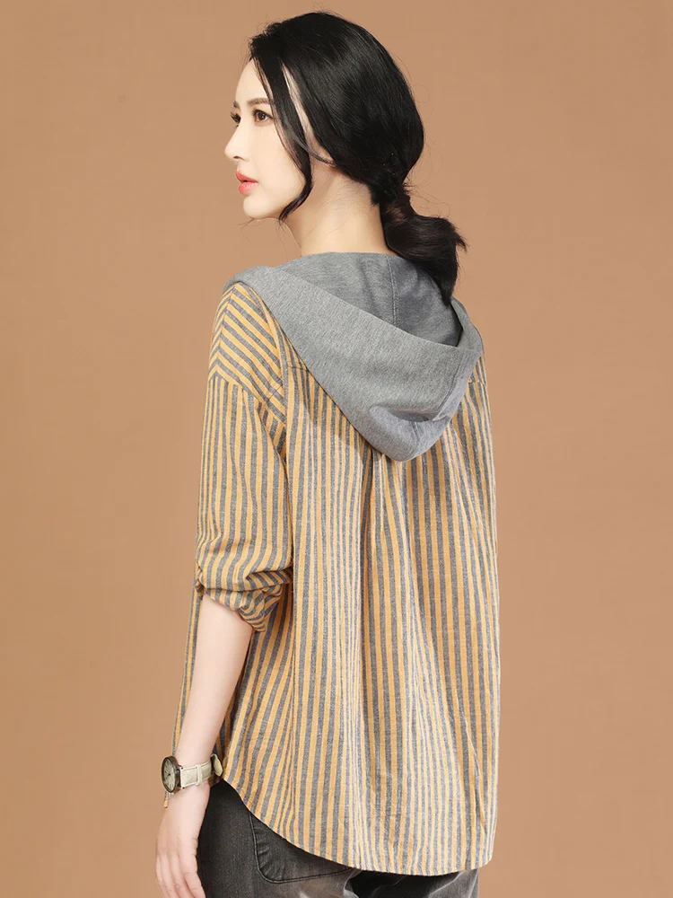 

HCXR Women Jackets 2023 Autumn Hooded Long Sleeve Striped Loose Jacket Drawstring Cardigan Single Breasted Buttons Hoodie