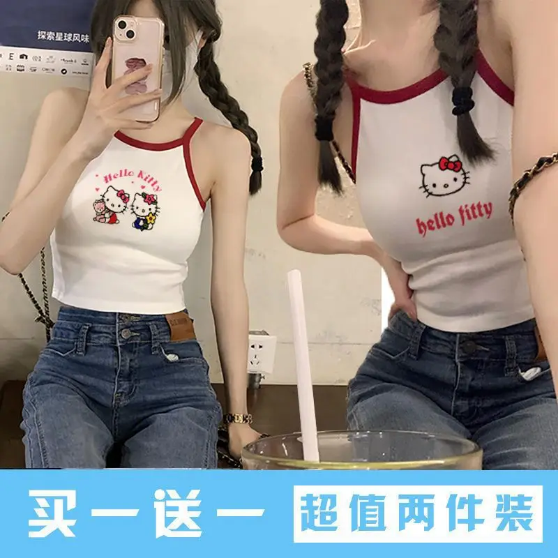 

Kawaii Summer New Sanrio Hellokitty Short Section Collision Color Suspenders Cute Girls Slim Sexy Thin Inside Outside Wear Tops