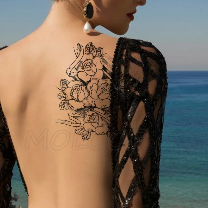 

Temporary Tattoo Stickers Black Sexy Rose Bud Flower Fake Tatto Waterproof Tatoo Back Leg Arm Belly Big Size for Women Man Girl