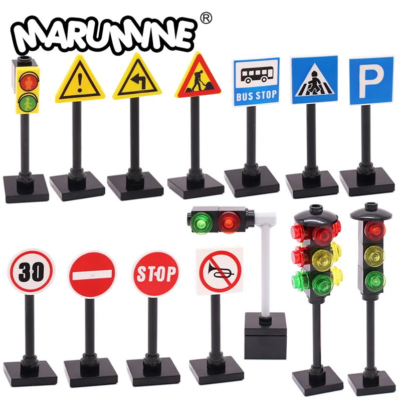 Building Blocks Marumine Traffic Road Sign Light Lamp MOC Block Brick Parts City Street View Building Accessories Barrier Speed Limit Warning