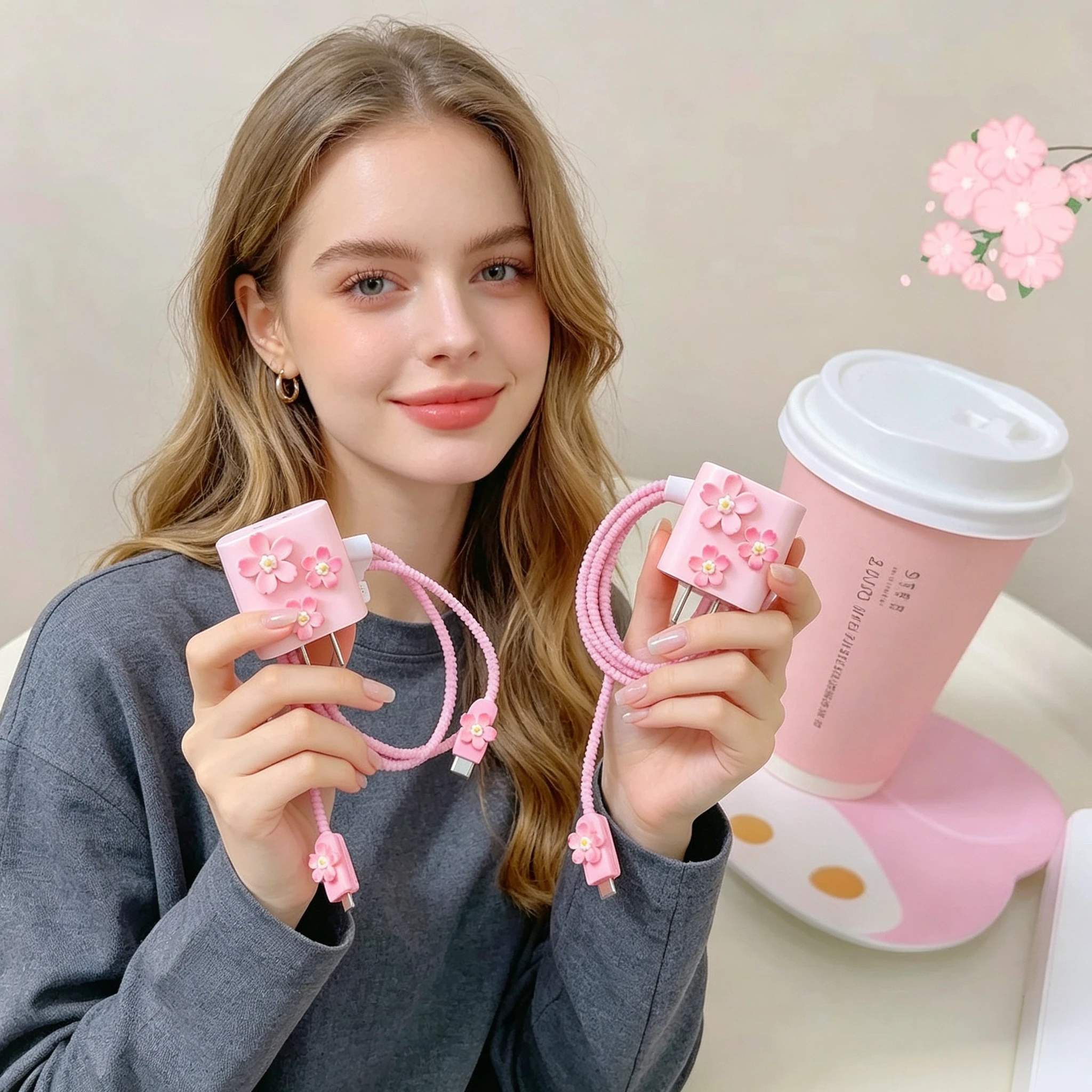 Elegant 3D Pink Flower Charger Protector Sleeve