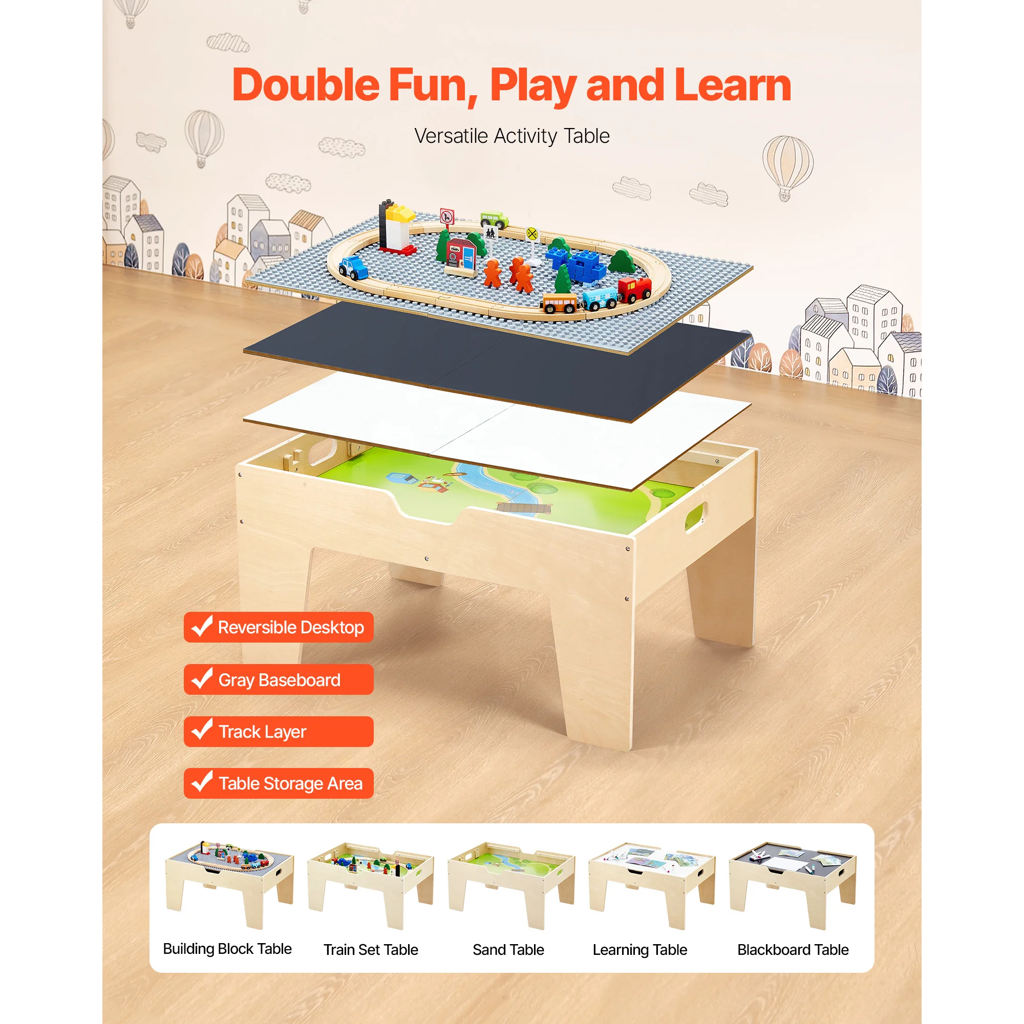 SucceBuy Multi-Purpose Activity Play Table 290 Building Bricks & 30pcs Wooden Train Table Toys Set Accessories for Kids Gaming