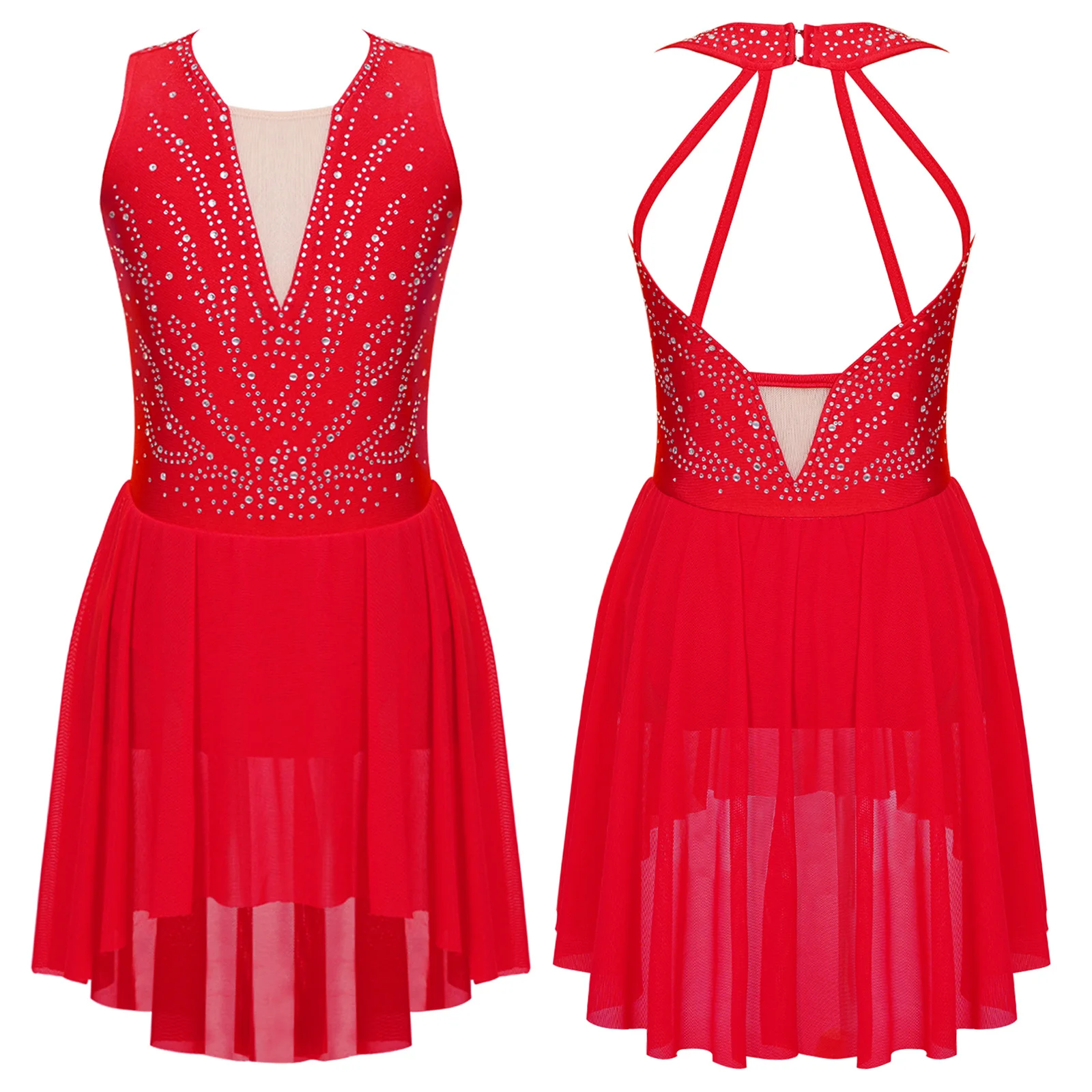 TiaoBug Kids Girls Figure Skating Performance Dress RhinestoneStrappy Back Asymmetrical Hem Sleeveless Dance Dresses