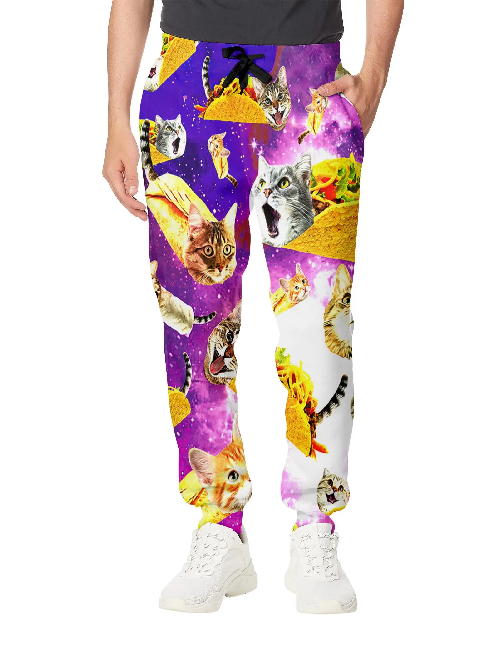 Calças de jogging casuais masculinas abstrato gatinho pizza impressão design adequado para calças de moletom ao ar livre outono e inverno moda