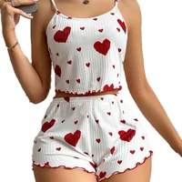 Ensemble pyjama pour femmes, vêtements de nuit, 2 pièces, débardeurs courts et Shorts S M L, blanc, ventilation, doux, décontracté, impression d'amour 4