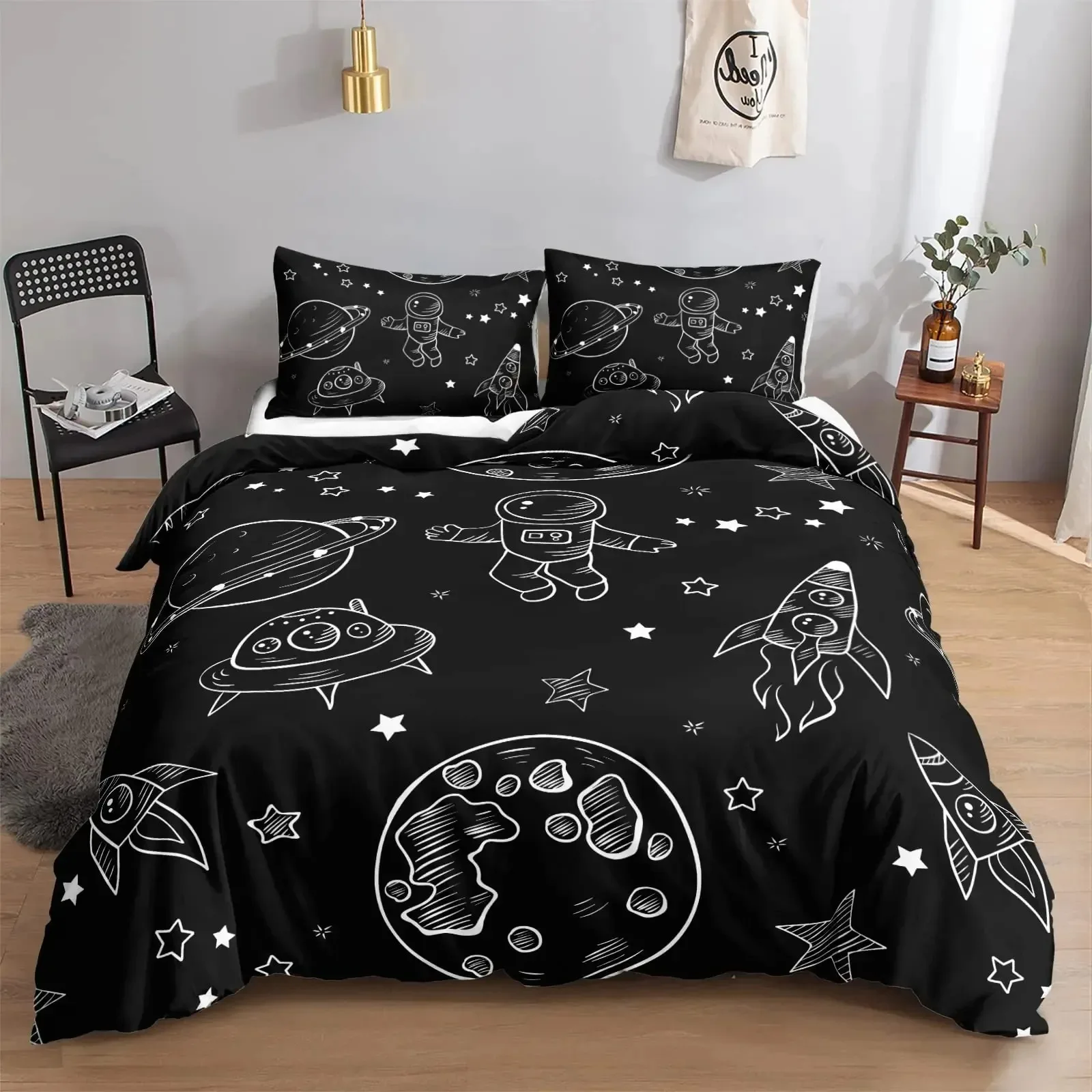 Modern Rocket Ship Duvet Cover Set Full Size,Space Ship Galaxy Bedding Set,boys Girls Rocket Planet Star Cartoon Comforter Cover 2