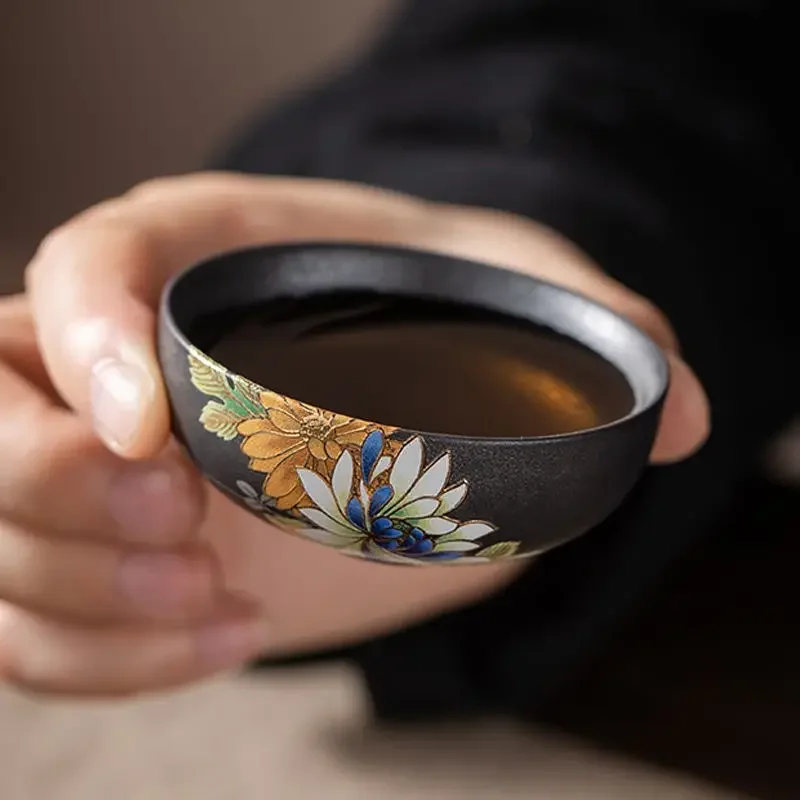 Kiln turned silver black hot stamping relief craft tea cup Goupin cup antique ceramic master cup tea cup Kung Fu tea set