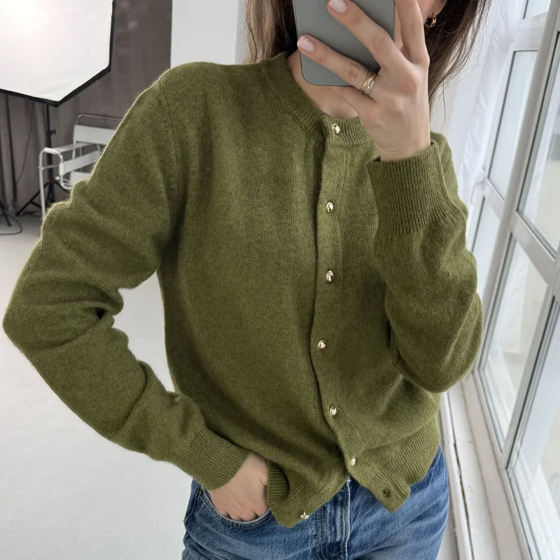 Autumn Women's Casual Wool Solid Color Round Neck Long Sleeve Loose Cardigan Sweater 2